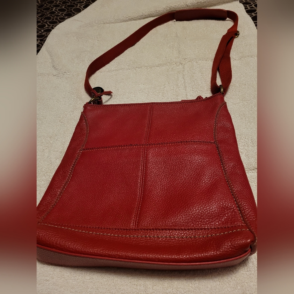 The Sak bag red leather crossbody purse handbag shoulder web strap zip top Med